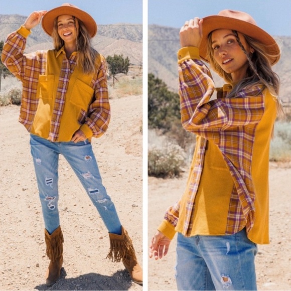 Ces Femme Tops - New! Mustard Plaid Corduroy Button Up Shirt Relaxed Top.